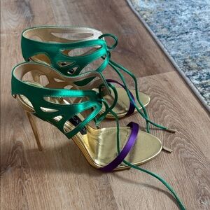 Elegant Green and Gold Heels with Purple Straps